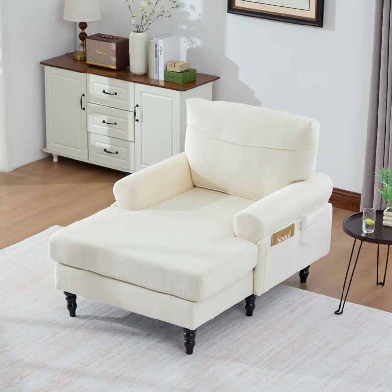 Modenvie Sessel Mit Breiter Sitzfläche, Umhüllender Rückenlehne, Armlehnen Und Seitentaschen, Chenille Beige