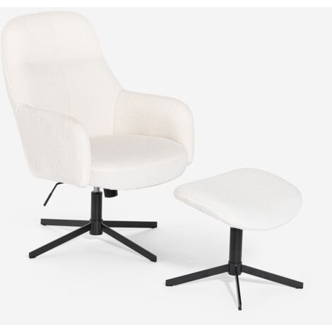 Sessel mit Fußhocker aus weißem Bouclé für das Wohnzimmer Büro Shiro