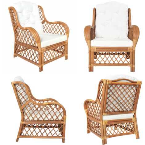 Sessel mit Kissen Hellbraun Rattan und Leinen - Wohnzimmersofa - Rattansofa