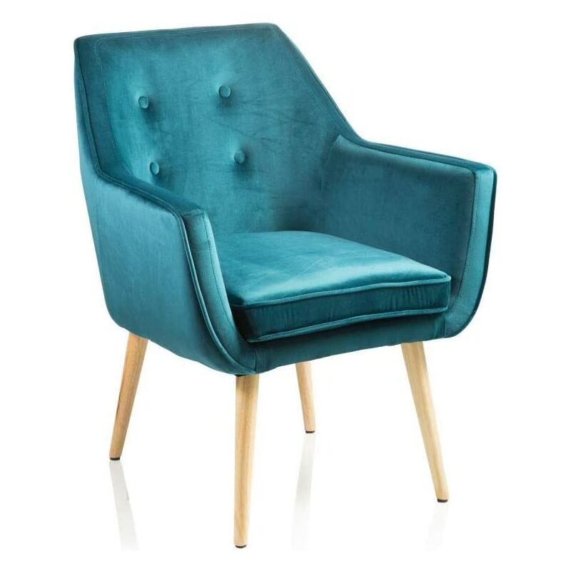 Sessel Schlafzimmer oder Wohnzimmer in Samt mit Beinen 65x65x85 cm Holz - Petrol Blau