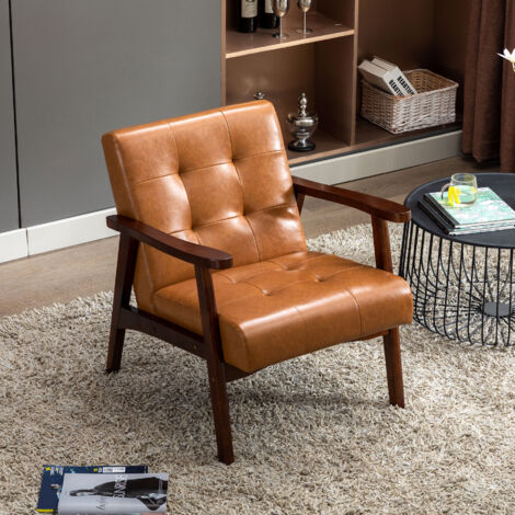 Sessel Wohnzimmer Retro Holzsessel Loungesessel Polsterstuhl mit Armlehnen Retro Sessel mittelalterlicher Holzrahmen Designstuhl aus Kunstleder und Eiche, geeignet für Schlafzimmer Café (Karamell)