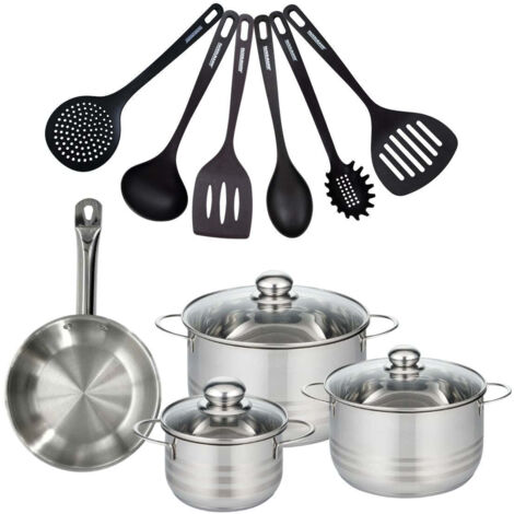 Set 1 poêle 20 cm en inox, 3 faitouts inox 16, 20 et 24 cm et 6 ustensiles RPET Fackelmann Eterna