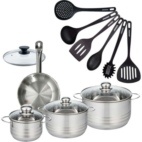 Set 1 poêle 20 cm en inox et 1 couvercle verre, 3 faitouts inox 16, 20 et 24 cm et 6 ustensiles RPET Fackelmann Eterna