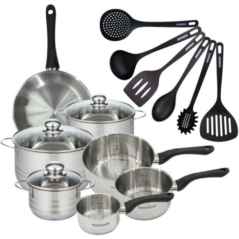 Set 1 poêle 24 cm 3 casseroles 12 16 20 cm, 3 faitouts 16, 20 et 24 cm en inox et 6 ustensiles RPET Fackelmann Geneva