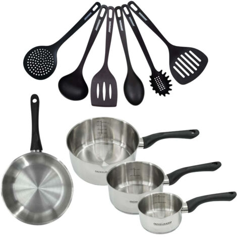 Set 1 poêle 24 cm 3 casseroles 12 16 et 20 cm en inox et 6 ustensiles Fackelmann Geneva