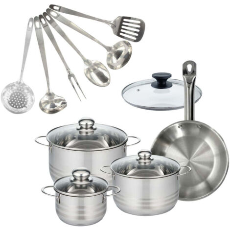 Set 1 poêle 24 cm en inox et couvercle, 3 faitouts inox 16, 20 et 24 cm et 6 ustensiles inox Fackelmann Eterna