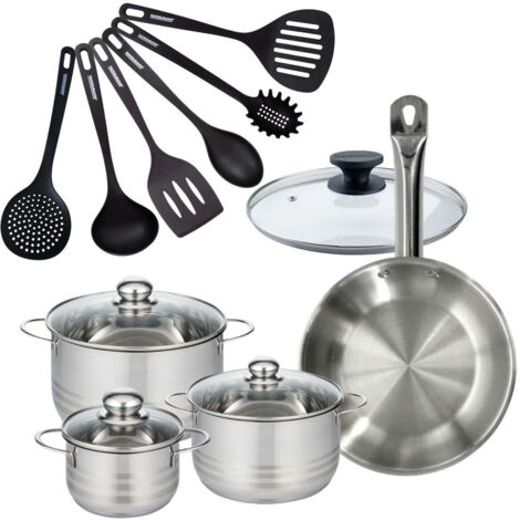 Set 1 poêle 28 cm en inox et 1 couvercle verre, 3 faitouts inox 16, 20 et 24 cm et 6 ustensiles RPET Fackelmann Eterna