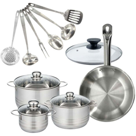 Set 1 poêle 28 cm en inox et couvercle, 3 faitouts inox 16, 20 et 24 cm et 6 ustensiles inox Fackelmann Eterna
