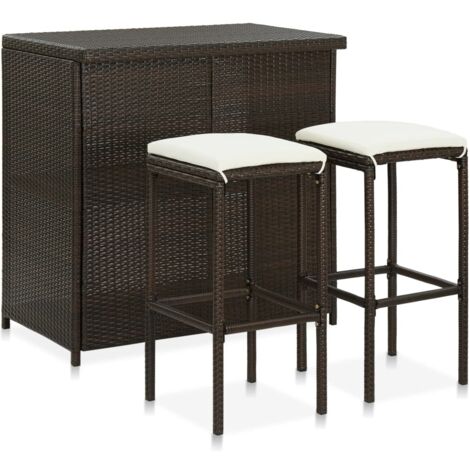 Set 1 Table de bar + 2 chaises de bar/Tabourets,Ensemble de bar Résine tressée Marron -BV90616