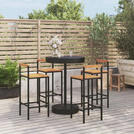 Set 1 Table de bar + 4 chaises de bar/Tabourets,Ensemble de bar jardin noir poly rotin/bois massif acacia -BV12968