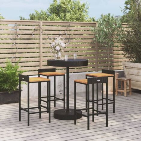 Set 1 Table de bar + 4 chaises de bar/Tabourets,Ensemble de bar jardin noir poly rotin/bois massif acacia -BV39271