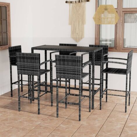Set 1 Table de bar + 6 chaises de bar/Tabourets,Ensemble de bar de jardin Résine tressée Gris -BV52719