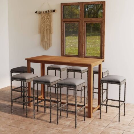 Set 1 Table de bar + 8 chaises de bar/Tabourets,Ensemble de bar avec coussins Gris -BV47330