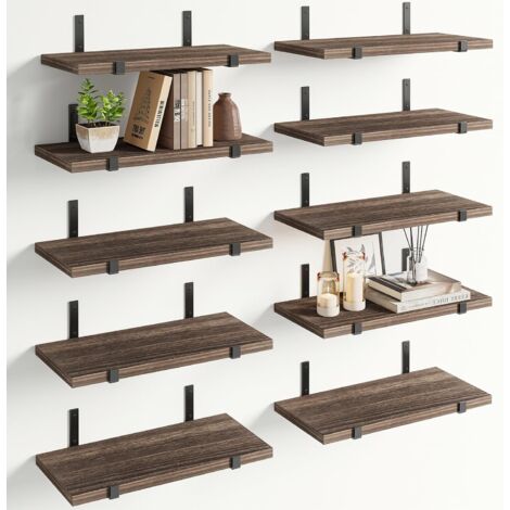 Set 10 Mensole in Legno Rovere da Parete Scaffalatura Muro Salvaspazio 40.5x15cm