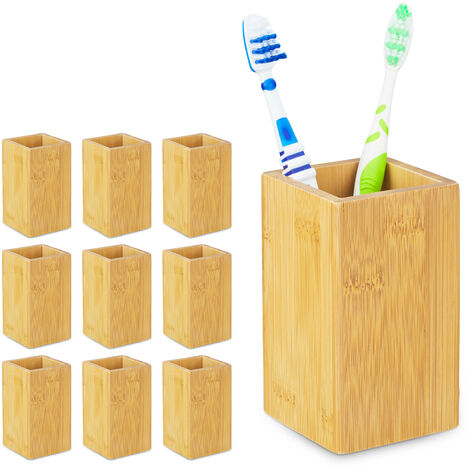 Set 10 Vasos Cepillos y Pasta Dientes Bambú con Vetas, Portacepillos Dental Baño, Armario Baño, 11x6,5x6,5 cm, Natural