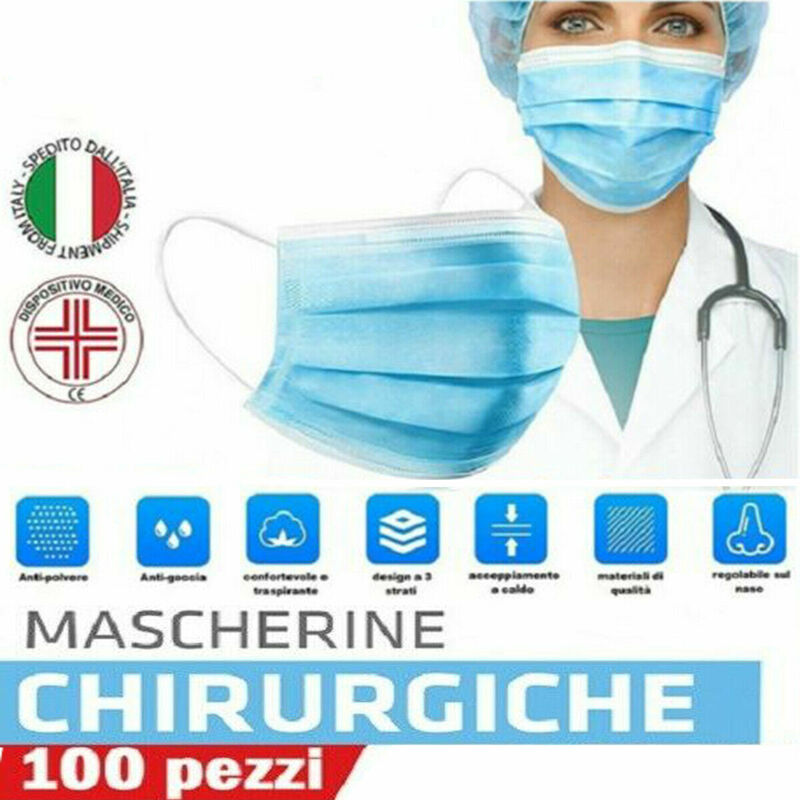 Image of R&g - set 100 mascherine chirurgiche monouso filtranti in tnt 3 strati protettivi viso