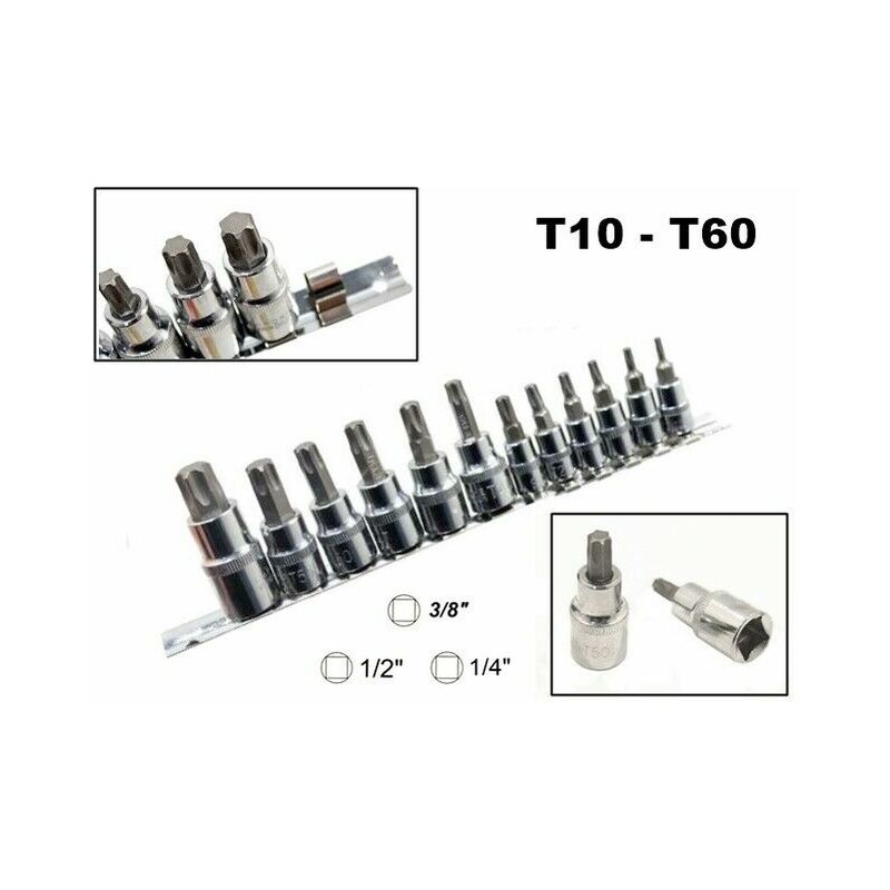 Image of Set 12 chiavi bussola torx maschio T10 - T60 attacco 1/4 3/8 1/2 chrome vanadium