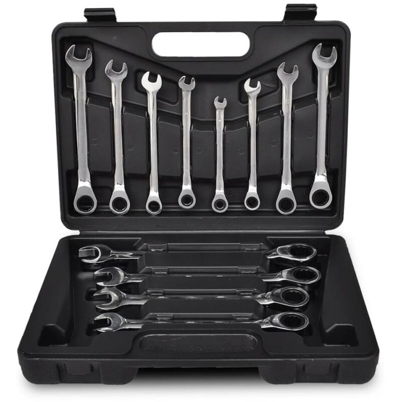 Set Stanley FatMax 12 Chiavi Combinate A Cricchetto - Misure Da 8 A 19 Mm, Bocca Anti-Scivolo, Finitura Cromata