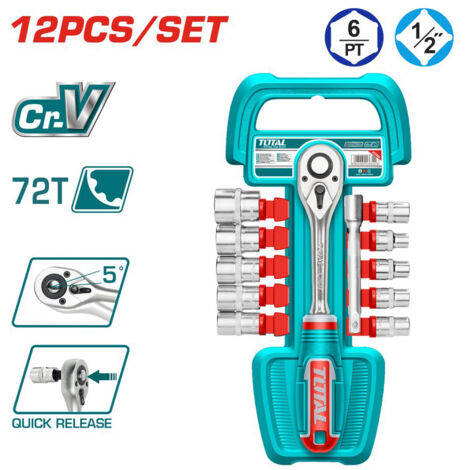 SET 12PZ CHIAVE A CRICCHETTO 1/2" 72T + 10 BUSSOLE ESAGONALI + BARRA 125mm TOTAL