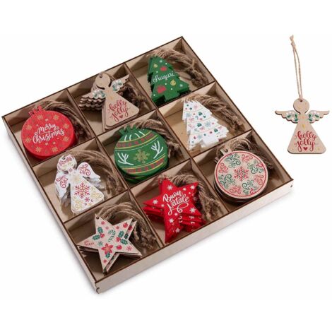 Set 144 decorazioni Natalizie in legno colorato da appendere, figure assortite - 6,5 x 7 centimetri