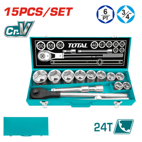 SET 15PZ CHIAVE A CRICCHETTO 3/4" 24T + 10 BUSSOLE ESAGONALI + PROLUNGHE TOTAL
