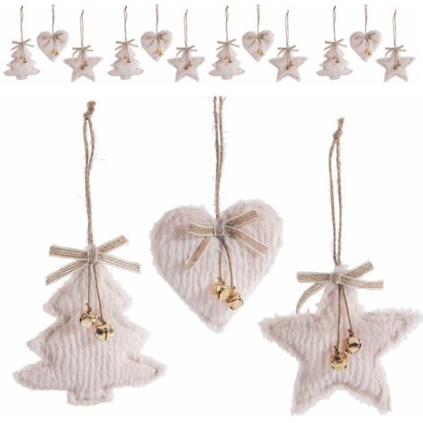Set 18 decorazioni Natalizie in pelliccia sintetica con campanelle - stella, albero, cuore - 11 x 12 centimetri