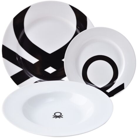 Set 18pcs vajilla porcelana diseño logo estampado negro Casa Benetton