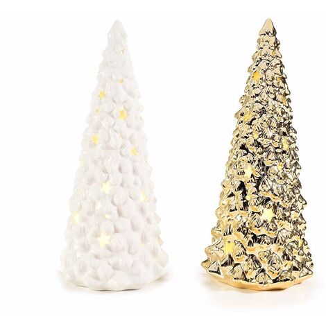 Set 2 Alberi di Natale Luminosi da Tavolo in Ceramica Alberelli di Natale da Appoggiare Decorazione Natalizia per Casa e Negozio Idea Regalo