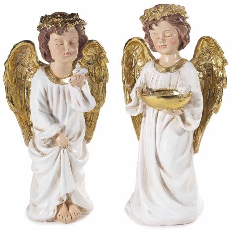 Set 2 angeli decorativi natalizi in resina con ali e corona dorati