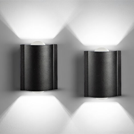 Set 2 Applique LED da Parete 2 LED Design Curvo Compatto IP65 Interno/Esterno Luce Naturale o Fredda Nero o Bianco Luce Fredda - Nero