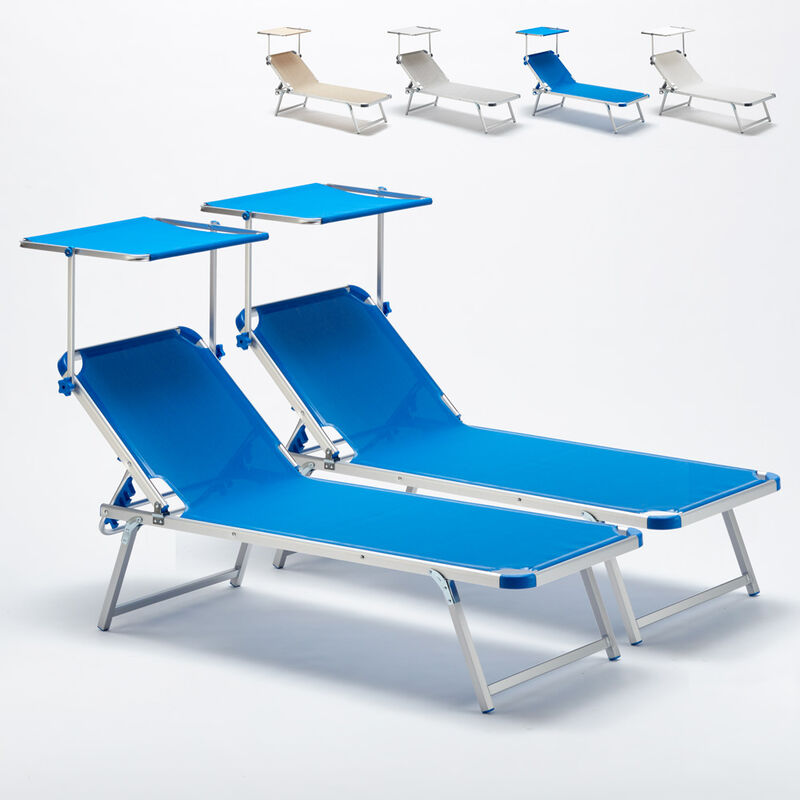 2 bains de soleil de plage et mer en aluminium avec pare-soleil Nettuno Couleur: Bleu