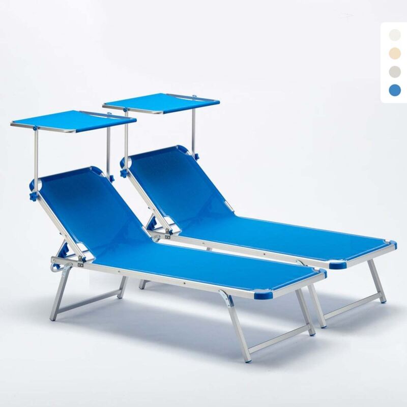 Set 2 Bains De Soleil En Aluminium Pour La Plage Avec Parasol R&eacute;glable Nettuno, Couleur: Bleu