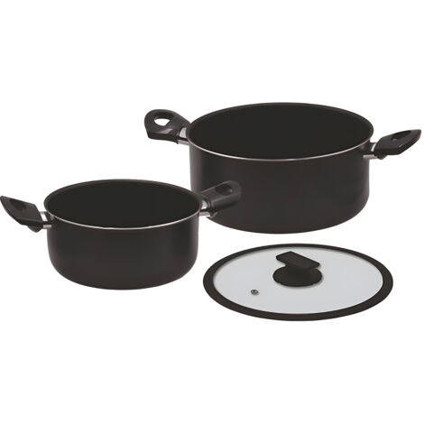 Set 2 Casseruole In Alluminio Con Coperchio In Vetro 20/24cm Nero
