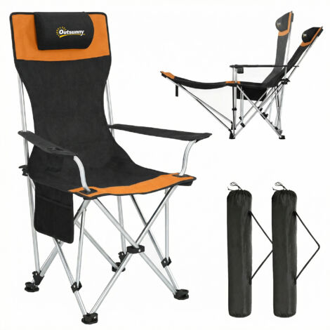 Set 2 chaises pliantes camping avec repose-pieds, porte-gobelet, 82x50/100x88 cm, noir et orange, légères et robustes.