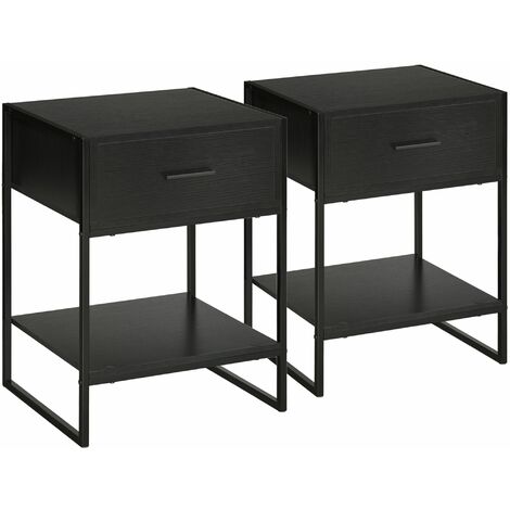 Set 2 Comodini 1 Cassetto 1 Ripiano 45x40x60 cm in Acciaio e Truciolato Nero