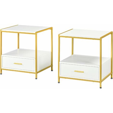 Comodino 2 cassetti metallo bianco e oro KYLEA