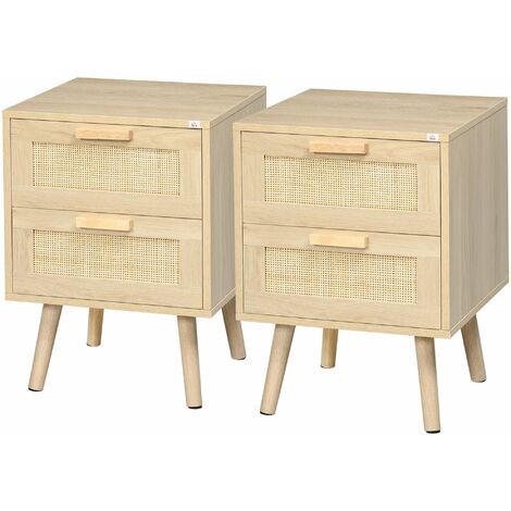 Set 2 Comodini con 2 Cassetti 40x40x56 cm in Legno e Rattan Naturale