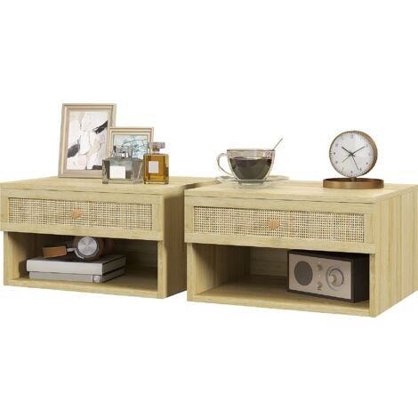 Set 2 Comodini con Cassetto e Ripiani Aperti in stile Nordico 40x34x23 cm in Truciolato e Rattan
