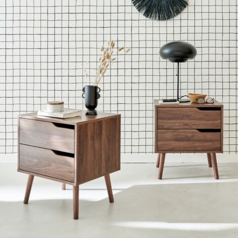 Set 2 comodini effetto legno noce, 2 cassetti