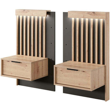 Set 2 Comodini Moderni Con Cassetto Comodino Camera Da Letto Design Con Pannello Decorativo A Lamelle Salvaspazio In Laminato Resistente Florina 50 x 39.6 x 104 Cm  Rovere E Antracite