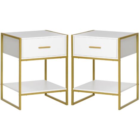 Set 2 Comodini Moderni con Cassetto e Ripiano Aperto 45x40x60 cm in MDF e Acciaio Bianco e Oro