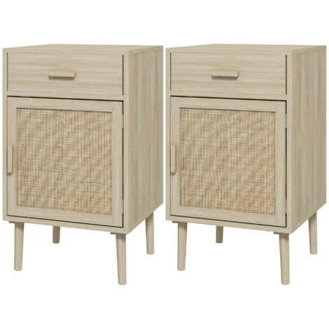 Set 2 Comodini per Camera da Letto con Cassetto e Anta 40x40x68,5 cm in Rattan Stile Boho Naturale