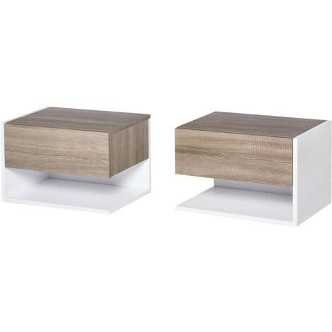 SET 2 COMODINI SOSPESI A PARETE CON CASSETTO E MENSOLA BIANCO E ROVERE
