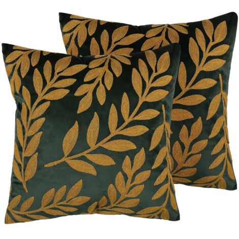 Set 2 Cuscini Decorativi Motivo Foglie Ricamato Velluto Verde 45 x 45 cm Mistletoe