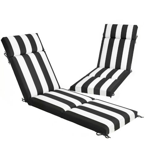 Set 2 Cuscini per Sedie da Esterno con 6 Lacci di Fissaggio, in Cotone, 183x54x6.5 cm, Nero e Bianco