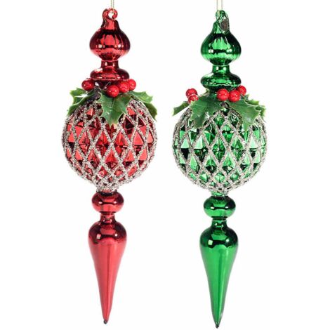 Set 2 decoraizoni Natalizie da appendere in vetro con bacche e foglie di agrifoglio