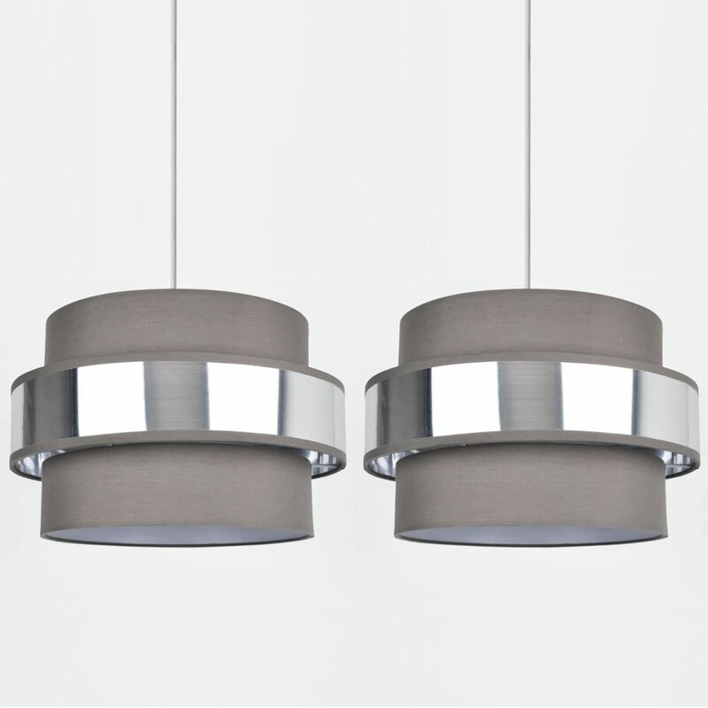 Set of 2 Easy Fit 2 Tier Grey Fabric & Brushed Silver Plated Banded Ceiling Shade