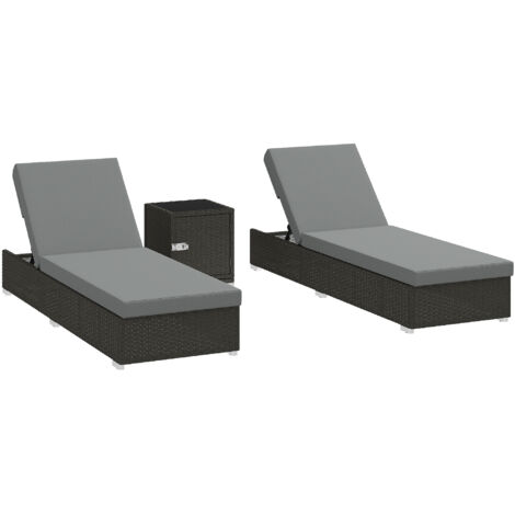 Set 2 fauteuils de jardin en rotin avec table latérale et dossier réglable, gris anthracite, 184x60x22 cm, mobilier d’extérieur résistant.