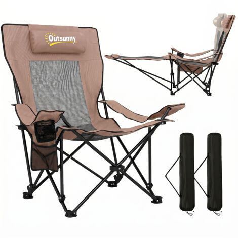 Set 2 fauteuils pliants camping Oxford métal avec repose-pieds amovible, marron et noir, chaises extérieur légères, portables, confortables, idéales randonnée plage pique-nique.