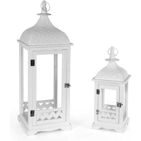 Set 2 lanterne decorative grandi bianco e oro in vetro legno